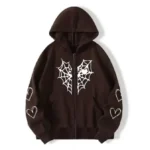 Brown Sp5der Zipper Web & Heart Print Hoodie